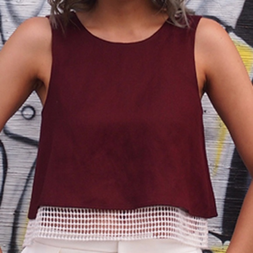 Club Monaco Maroon Layered Mesh Boxy Crop Top